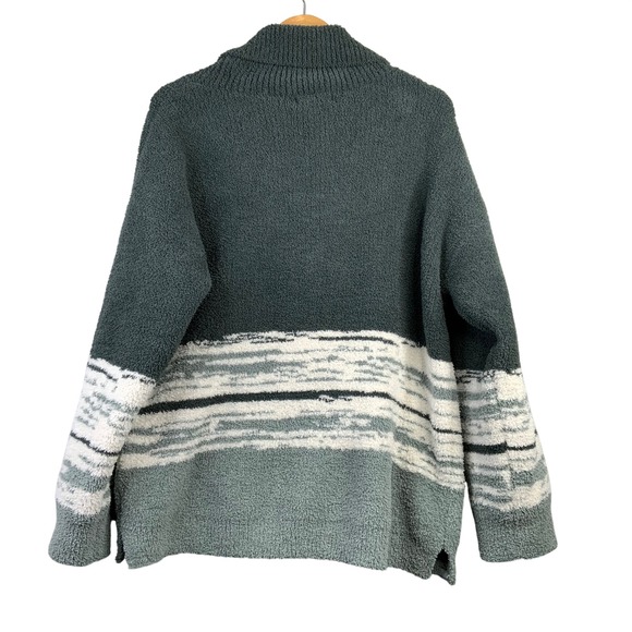 Barefoot Dreams CozyChic Shawl Collar Pullover Sweater Teal Stripe XL - Picture 2 of 7